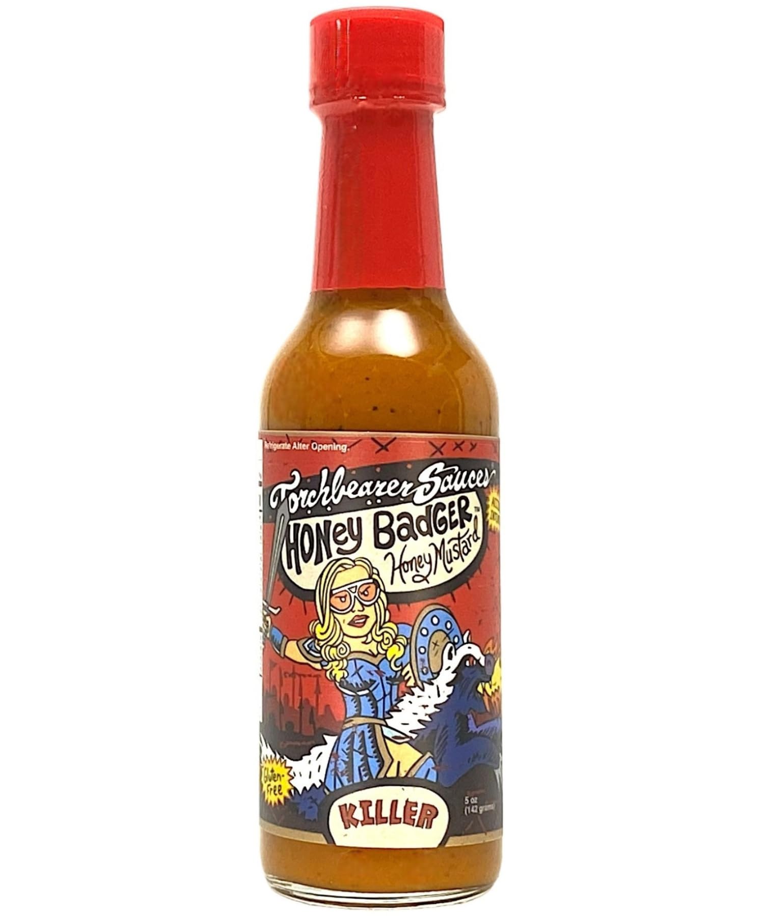 Torchbearer Sauces Honey Badger Hot Sauce, 5oz, Scorpion and Carolina Reaper Peppers Sauce, Heat level 8 - Featured on Hot Ones - All Natural, Extract-Free, Made in USA
