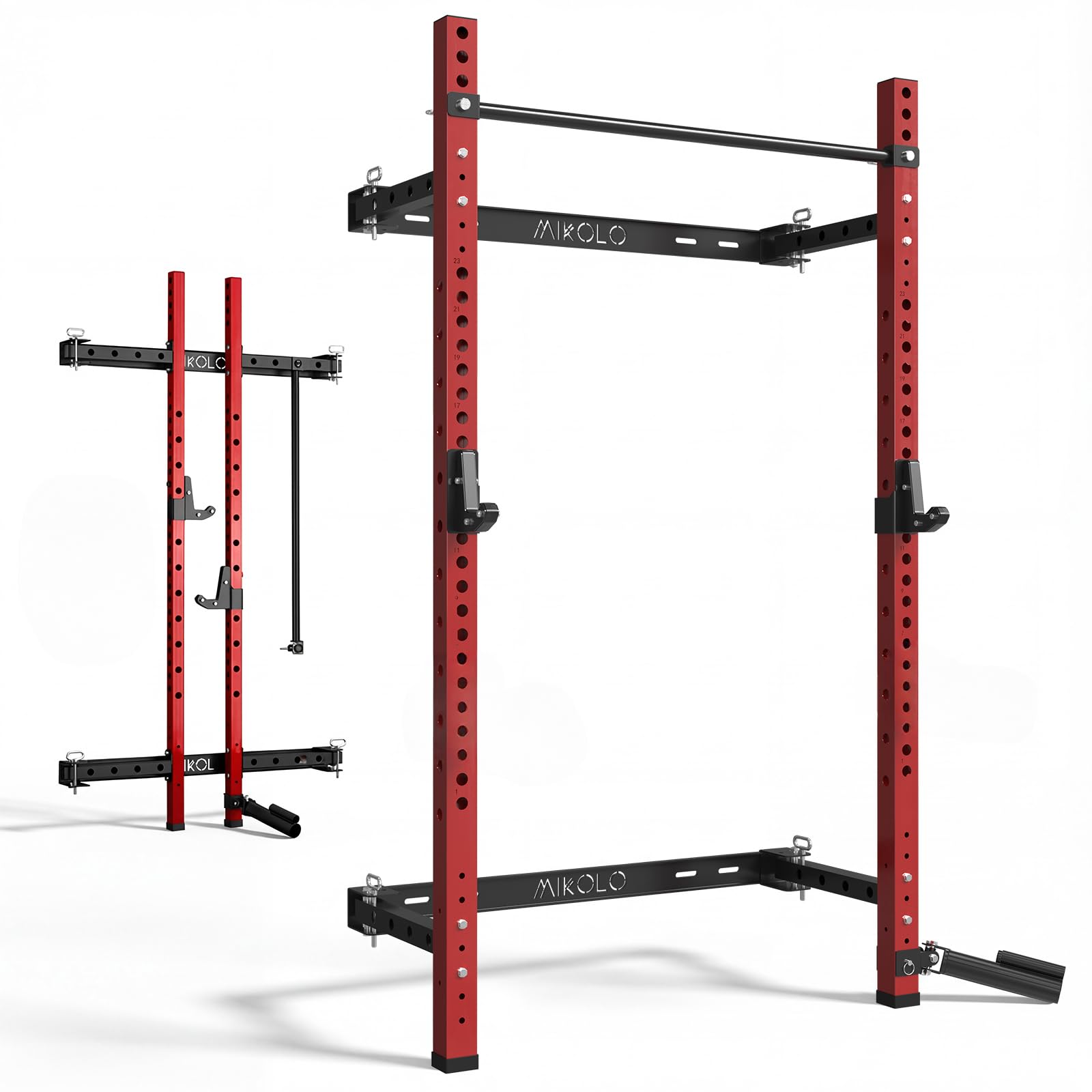 2" x 2" Folding Wall Mounted Squat Rack, 1000 Pounds Capacity Power Rack with Safety Catches, Pull Up Bar, J Hooks and Landmine Attachment, Space-Saving Home Gym(Red