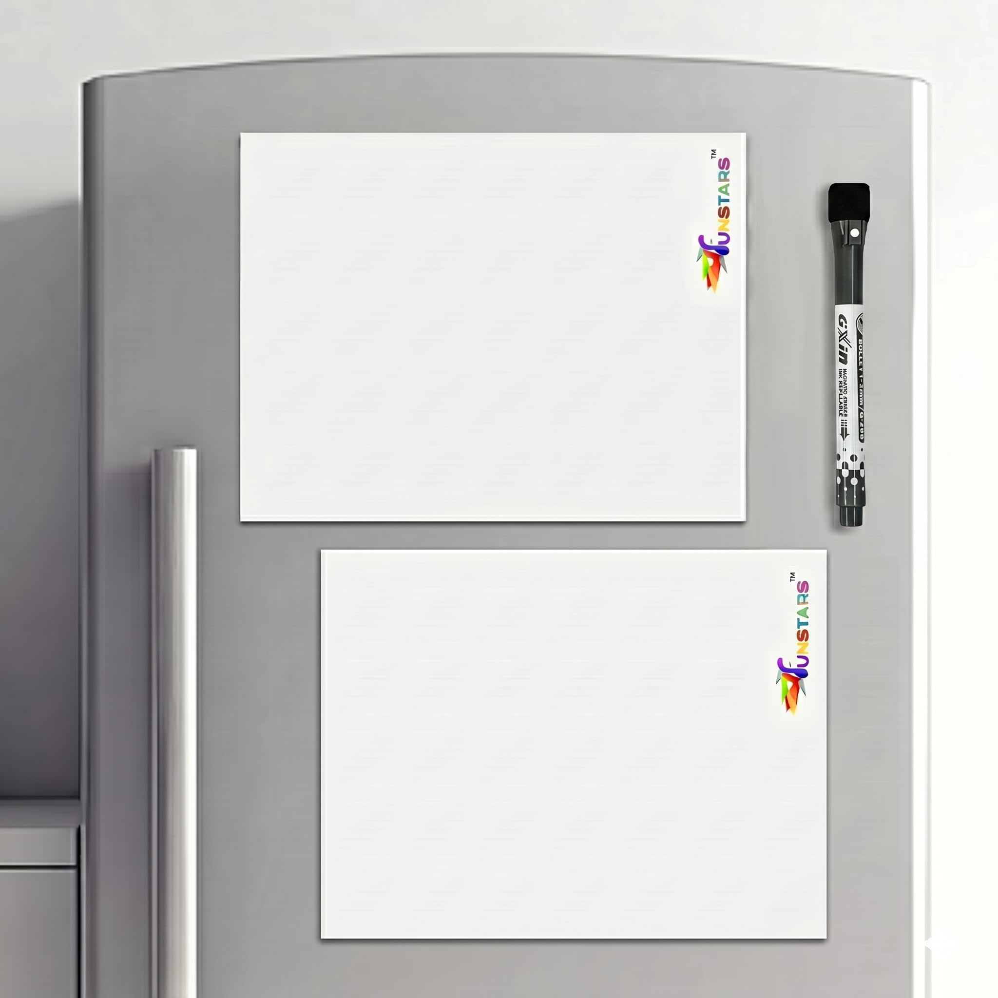Funstars Magnetic Rubber White Board Reusable Dry Erase Sheets with One Magnetic Marker Pens for Office School Home – Flexible, Rollable & Wall Mountable Set of 2 A4 (9x12 in)