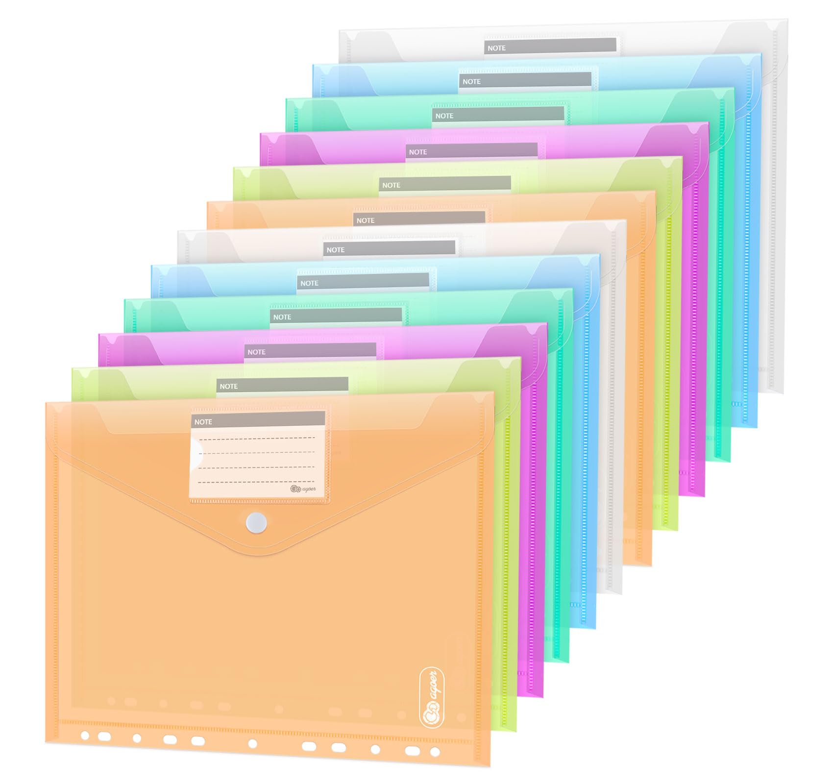 24 cartelle portadocumenti, formato A4, 6 colori, formato A4, trasparente, con bottone a pressione per organizzare con 11 fori e tasca per etichette