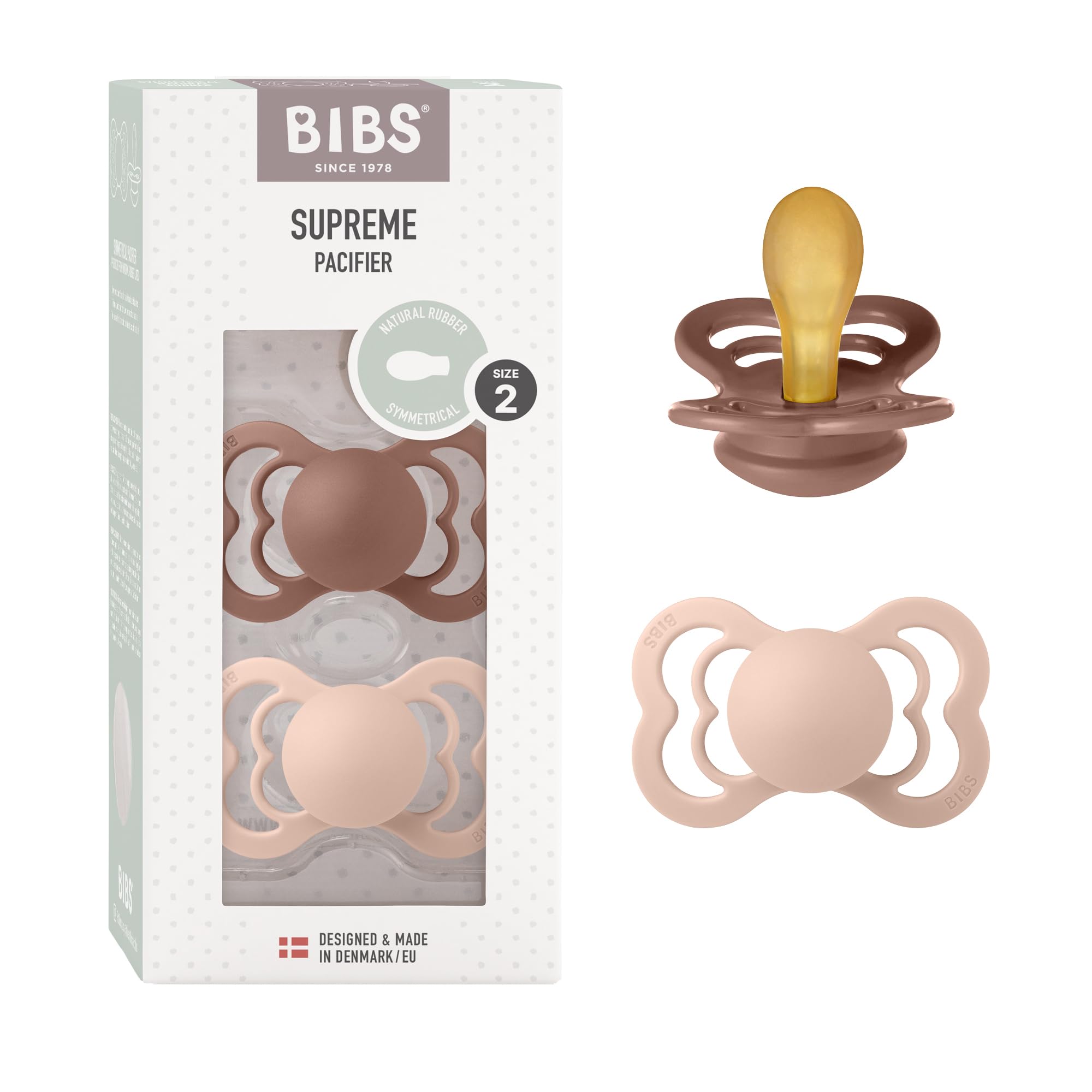 BIBS Supreme Baby Pacifier 2-Pack | Made in Denmark | BPA Free Dummy Soother, Symmetrical Nipple. Natural Rubber Latex, Size 2 (6-18 Months),