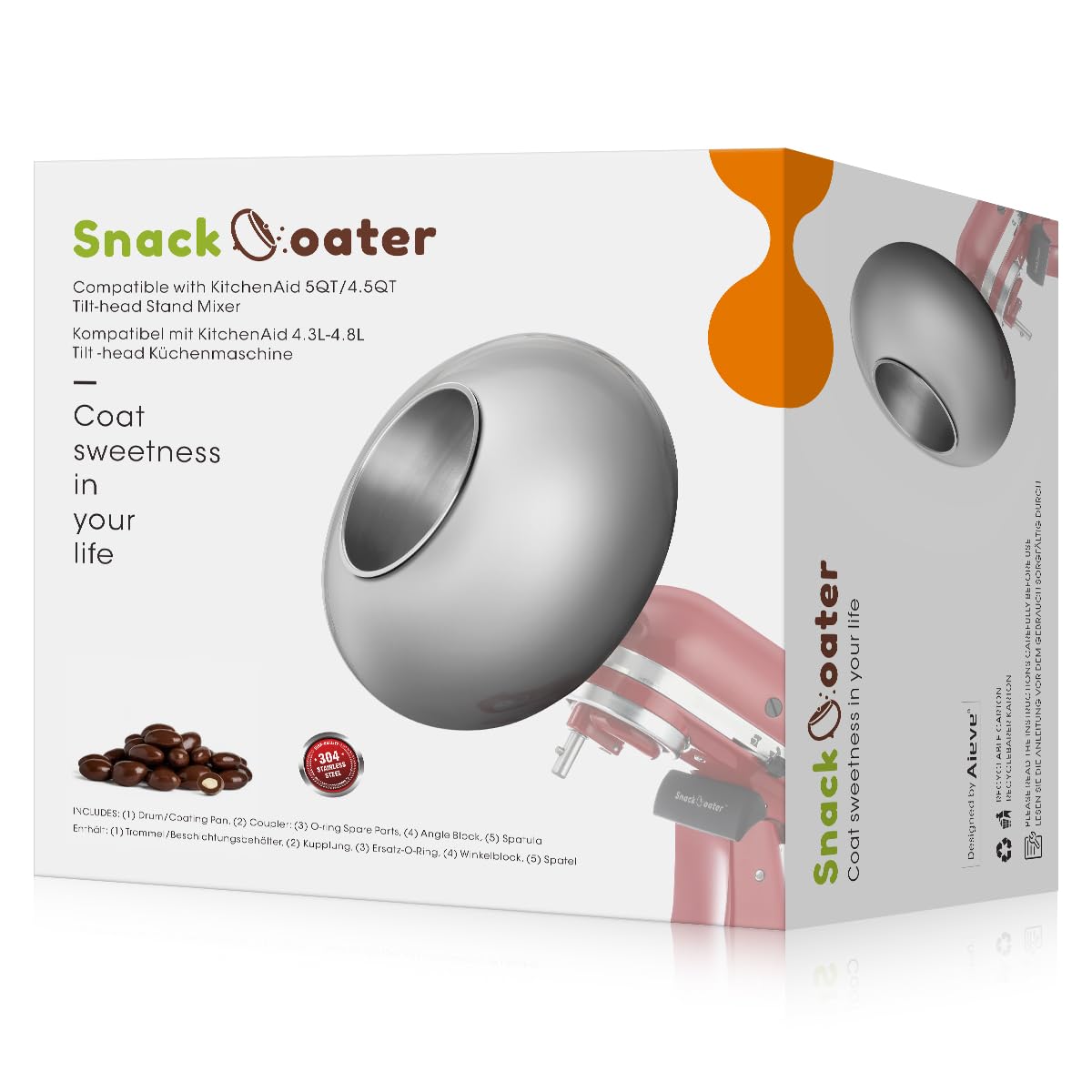 Snack Coater Compatible with KitchenAid Tilt-Head Stand Mixer for Making Chocolate Covered Almonds, Pistachio, Peanut, Freeze Dried Strawberry, Raisin, Macadamia Nuts and Blueberry