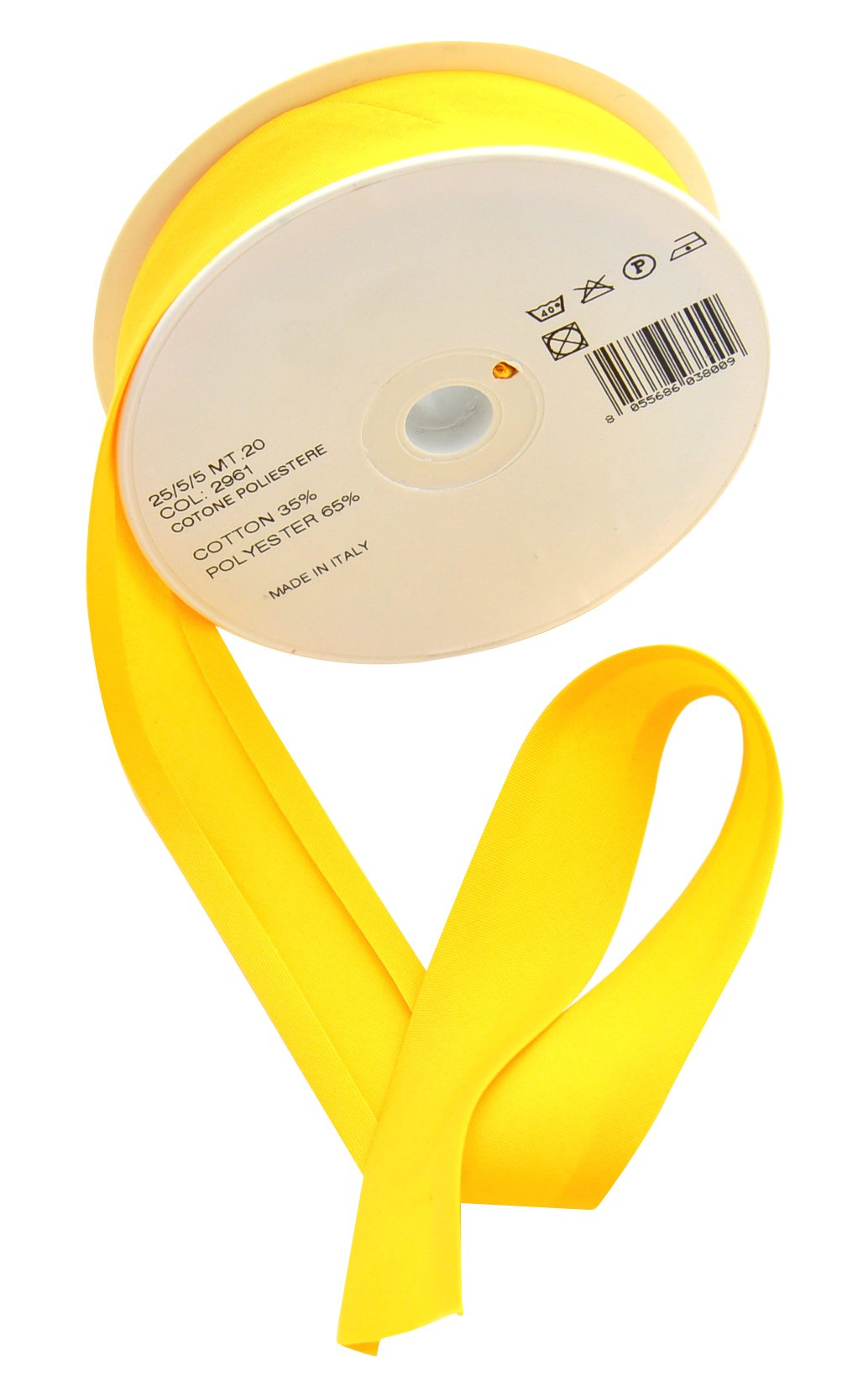 Inastri Yellow 25/5/5 Mm Bias Binding-Col. 2961-20M Roll, Polycotton,