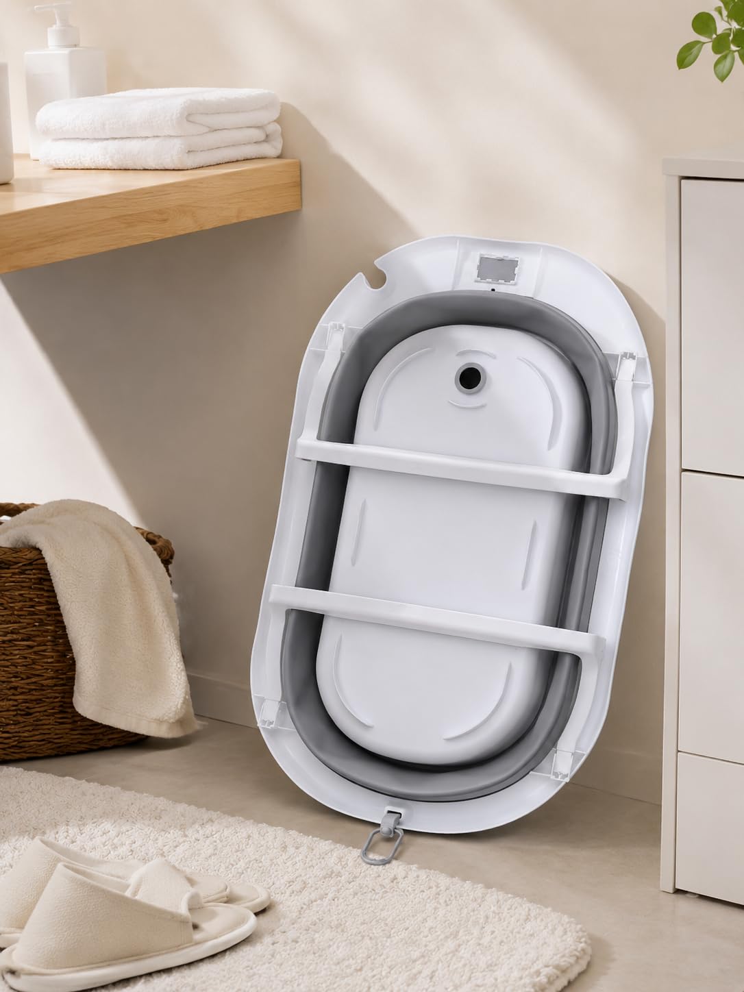 Bañera plegable para bebé con termómetro impermeable integrado, marco reforzado estable sin tambaleo, drenaje rápido, soporte de base aislante, bañera redonda ergonómica para bebé