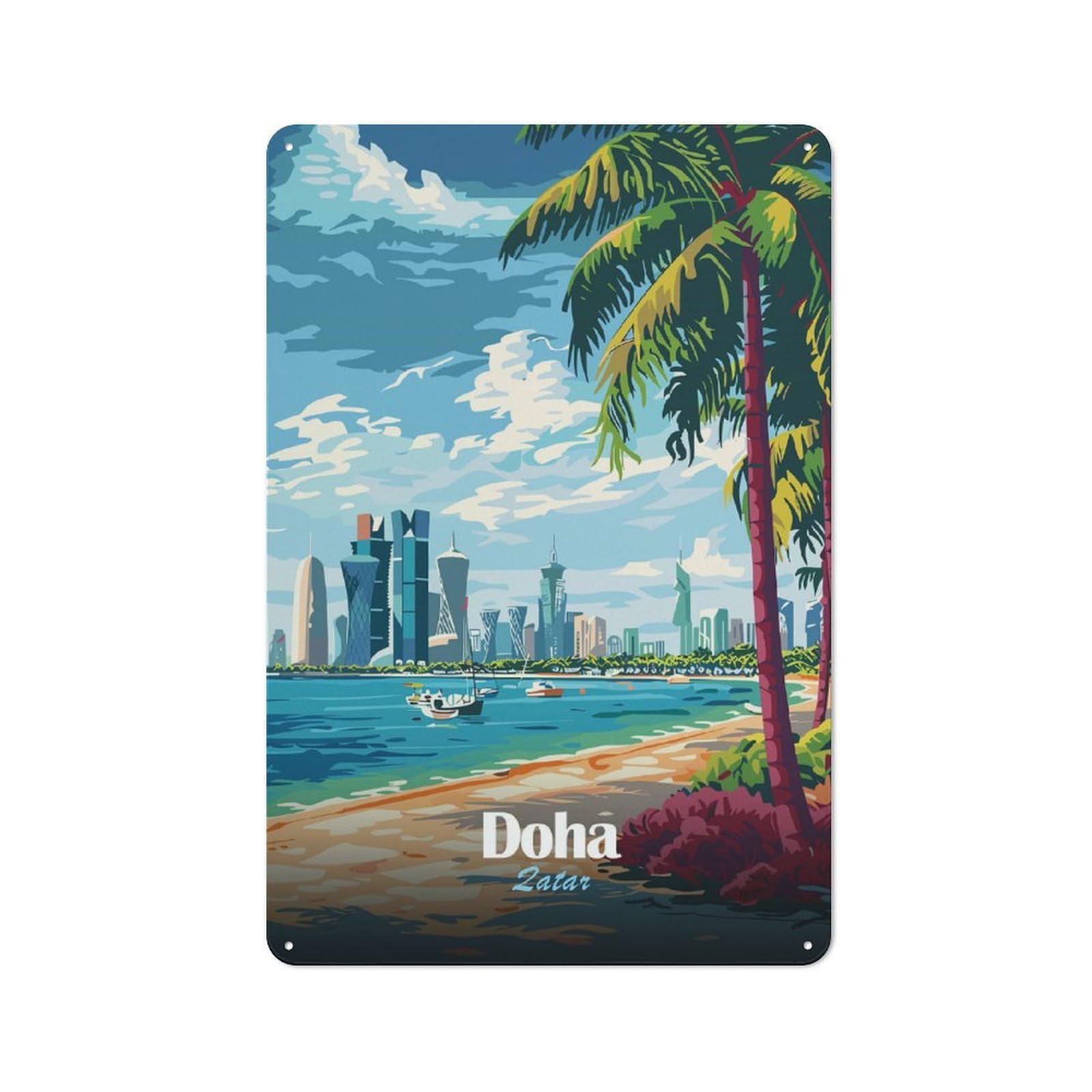 Doha, Qatar Beach And Skyline Vintage Metal Wall Decor 30x20cm, Garage Metal Sign for Garage, Workshop, Shed Or Utility Room