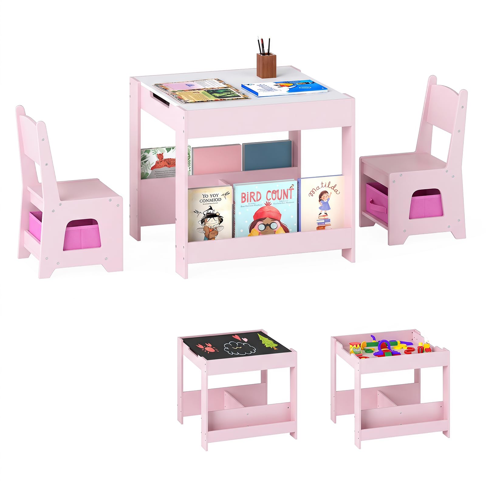 Maxmass 4 in 1 Toddler Table and Chair (White+Pink, 61x61x56cm)
