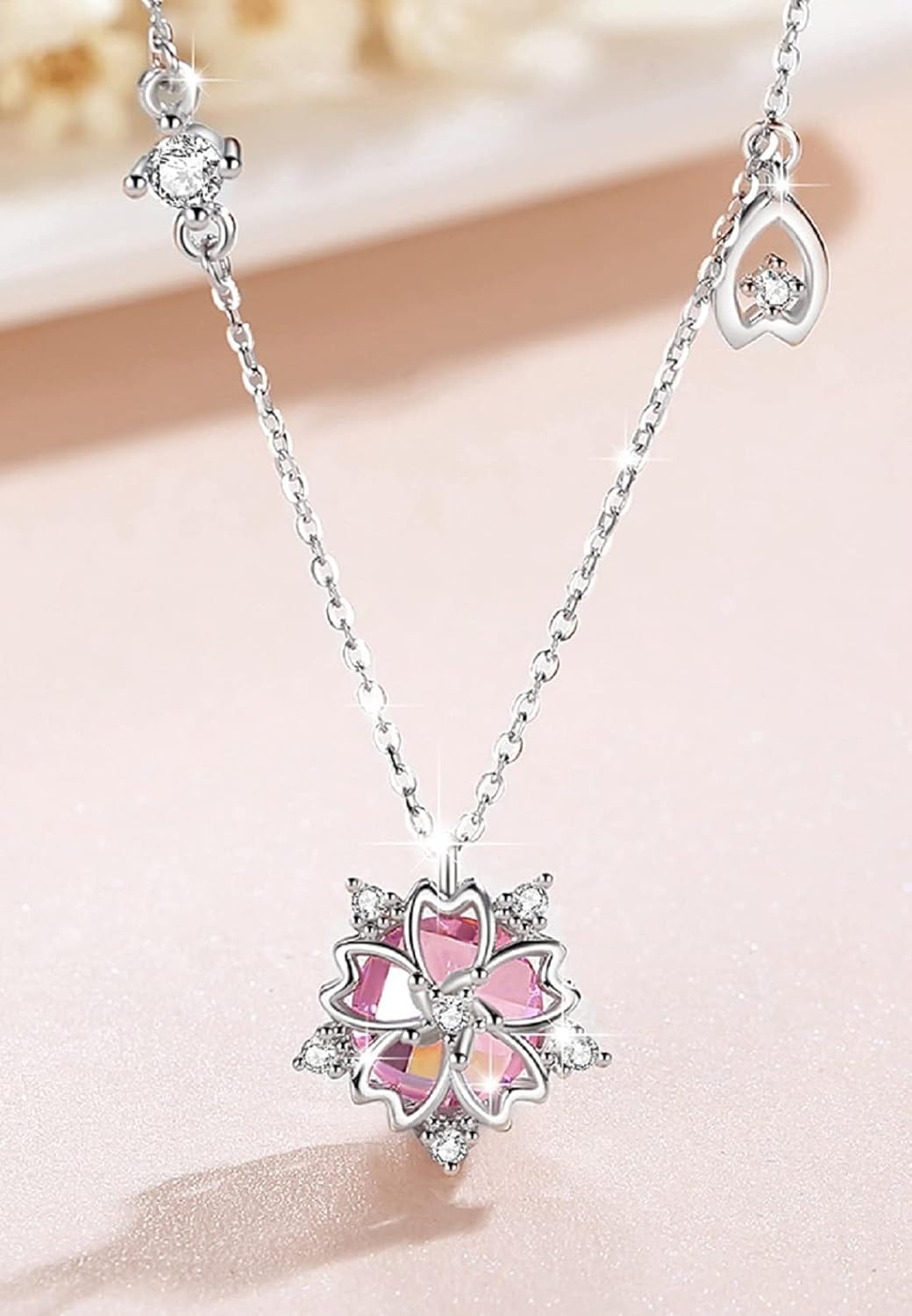 Sterling Silver Sparkling Cherry Blossom Pendant Necklace Sweet Pink Crystal Sakura Jewelry - Image 5