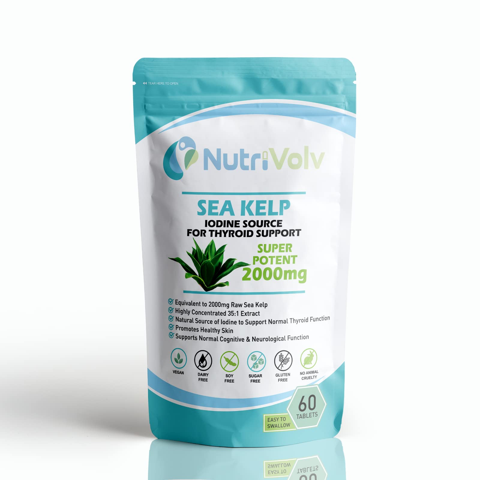 Nutrivolv Sea Kelp 2000mg Iodine Supplement - 60 Tablets - Source of Iodine Thyroid Improves Hair Growth, Skin & Immune System