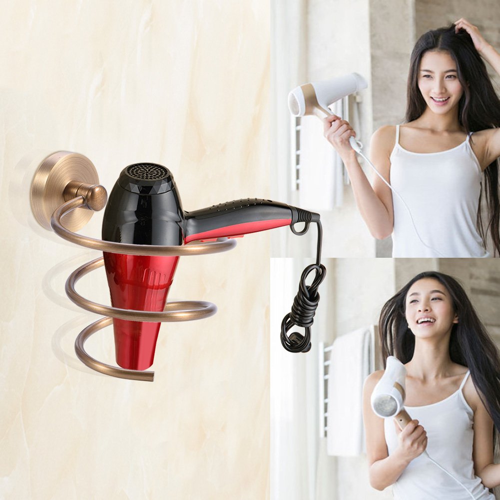 POCREATION Wall Mount Hair Dryer Holder, Antique Solid Brass Bathroom Hairdryer Organizer Rack Bathroom Storage Shelf
