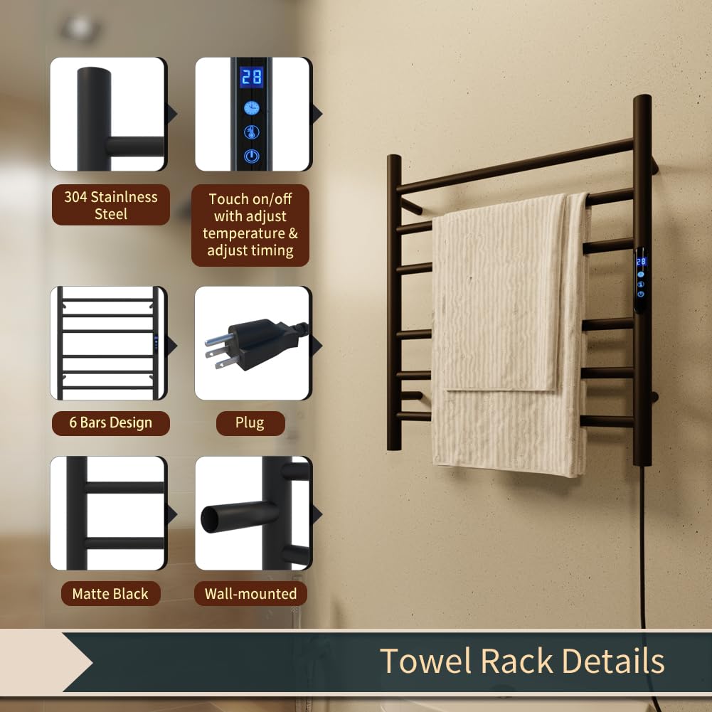 KWW Portasciugamani riscaldato, telecomando con APP Tuya, scaldasalviette con timer, scaldasalviette caldo a parete per bagno (nero opaco, 5 bar)