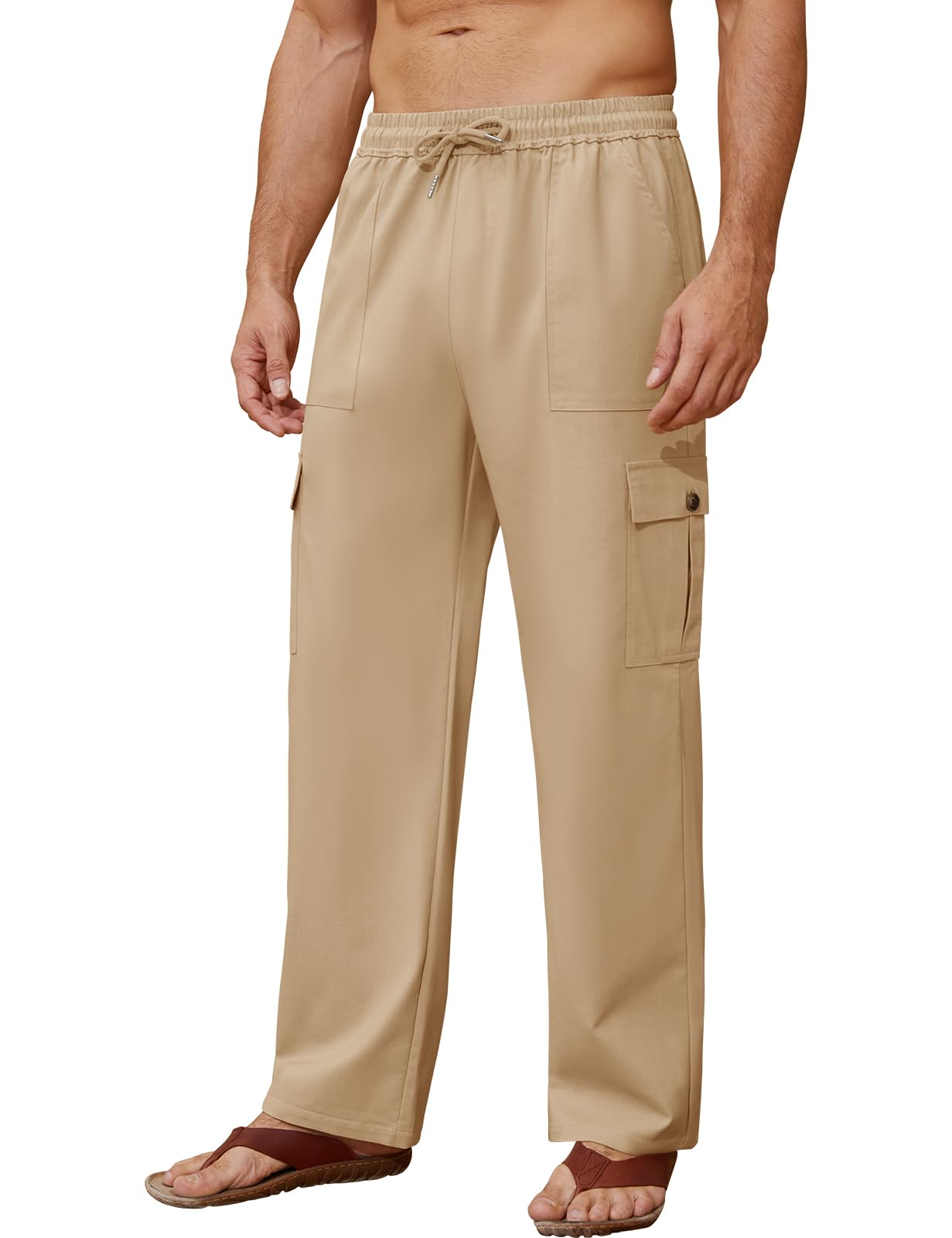 Voqeen Pantaloni Lino Uomo Estivi Pantalaccio Uomo Estivo Casual Pantaloni Elasticizzati in Vita con Tasche Cargo Pantalone di Lino Leggeri da Spiaggia Larghi