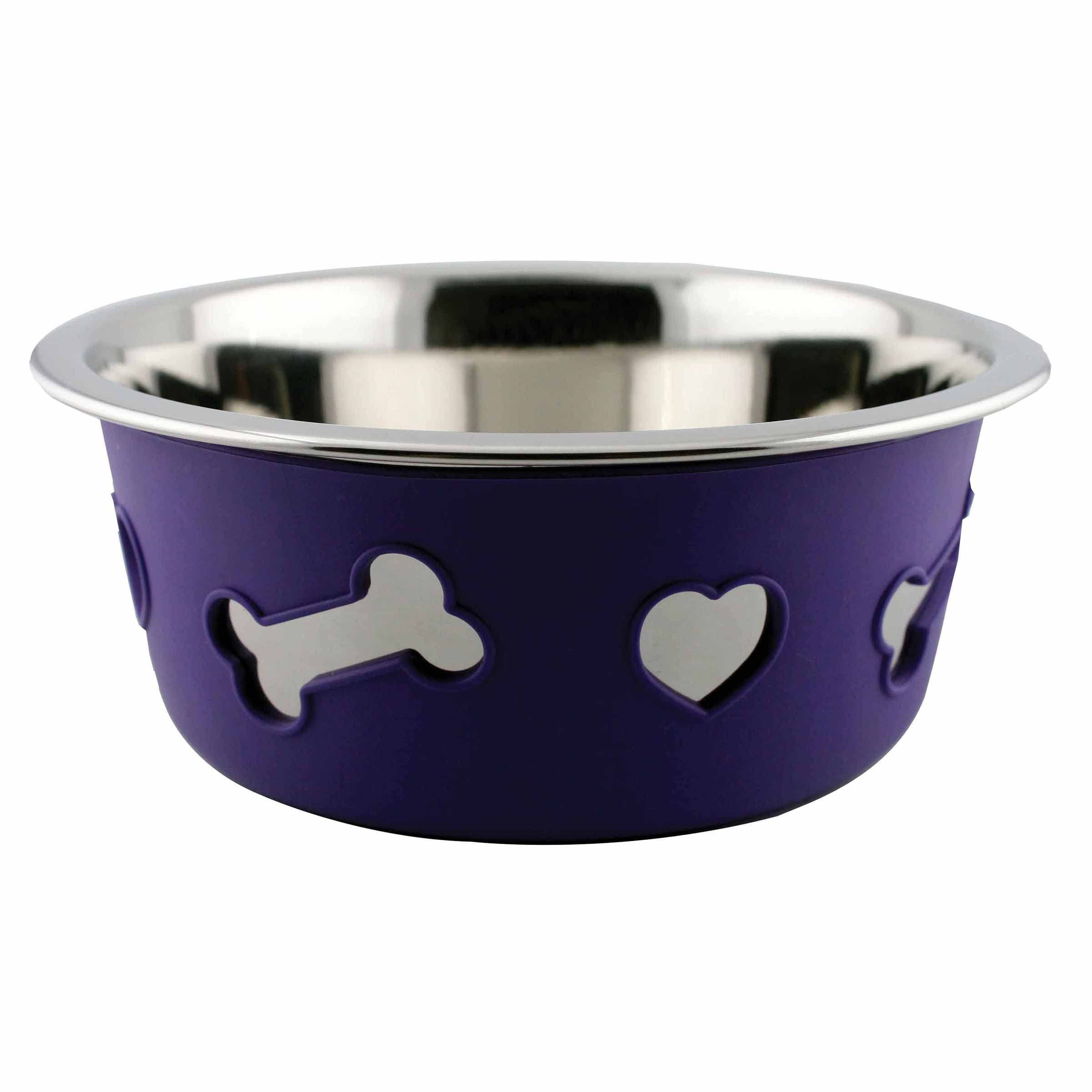 WeatherBeeta Non-Slip Stainless Steel Silicone Bone Dog Bowl, Dark Purple, 21cm