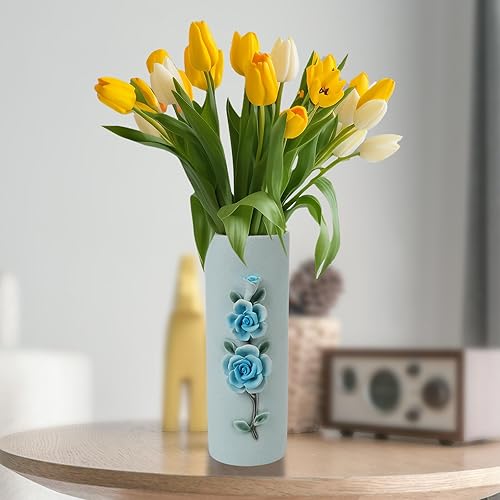Miniatura 5 de Suanti Jarrón de flores, jarrón azul con tres diseños florales en relieve, adecuado para decoración de sala de estar, exhibición de mesa y mesa de