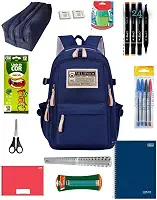 Kit Azul Material Escolar Completo, Ensino Médio e Fundamental, Masculino, Mochila 5 Divisórias, 24 Canetinhas, Caderno 10 Matérias, Estojo Duplo