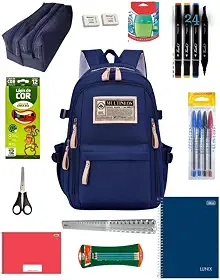 Kit Azul Material Escolar Completo, Ensino Médio e Fundamental, Masculino, Mochila 5 Divisórias, 24 Canetinhas, Caderno 10 Matérias, Estojo Duplo
