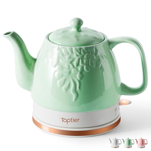 Toptier Electric Ceramic Tea Kettle, Boil Water Quickly and Easily, Detachable Swivel Base & Boil Dry Protection, Carefree Auto Shut Off, 1 L, White Leaf