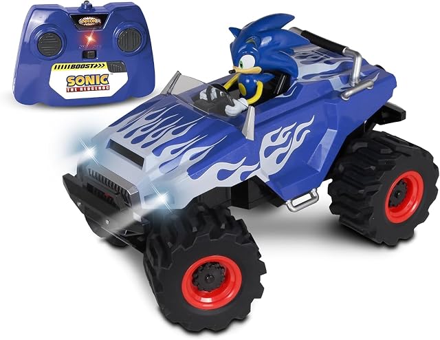 NKOK Sonic Monster Truck RC – Voiture télécommandée à radio 2,4 GHz avec lumières, Turbo Boost et pack de batterie rechargeable 7,4 V, Véhicule de course Sonic Racing CrossWorlds pour enfants de 6 ans et plus