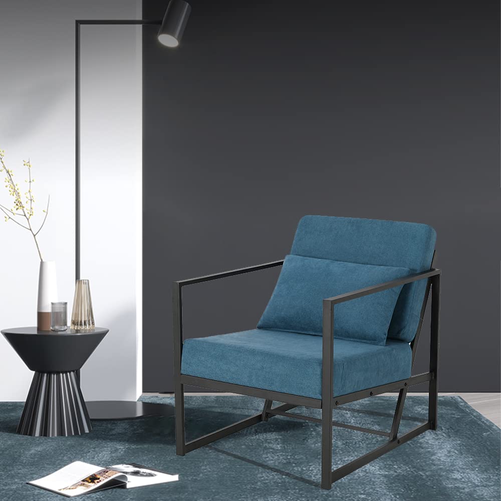 Mingone Sessel Gepolsterter Cocktailsessel Relax Polstersessel Stuhl Lehnstuhl Blau aus Leinen Loungesessel mit Handläufen Eisengestell für Wohnzimmer, 1