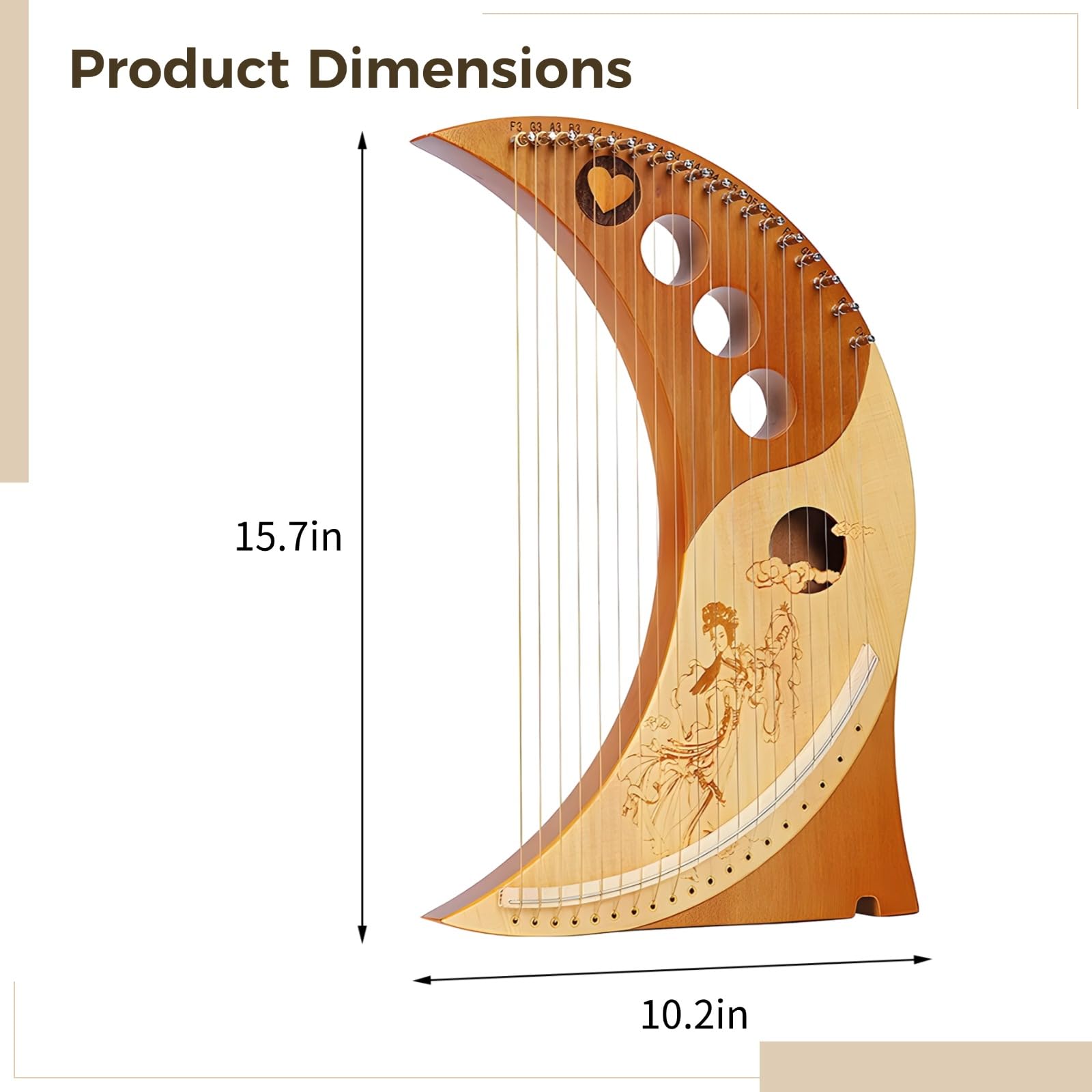 19-saitige Lyraharfe mit geschnitztem Design, Massivholzkorpus, inkl. Zubehör und Stimmgerät, leicht zu spielen, tragbares Instrument für Anfänger und Fortgeschrittene, ideal für unterwegs