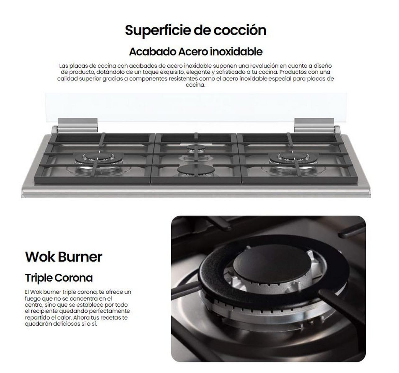 INFINITON Cocina con Horno de Gás CC90X2W4F, 4 Zonas, Quemador Wok, Ancho de 90 cm, Regulación en altura, Limpieza fácil, Compartimento porta-bombonas