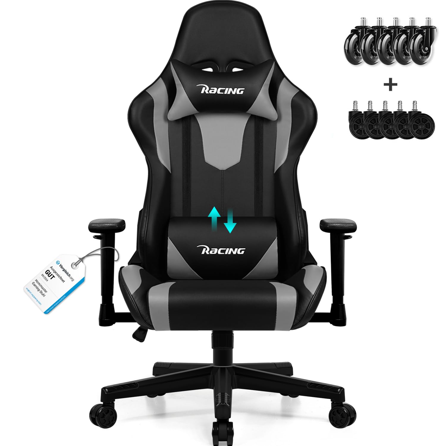 Homimaster Gaming Stuhl, Gaming Chair mit verstellbare Lendenkissen, Kopfkissen und Armlehnen,Ergonomischer Gamer Stuhl gepolstert, Gaming Stuhl 150 kg Belastbarkeit
