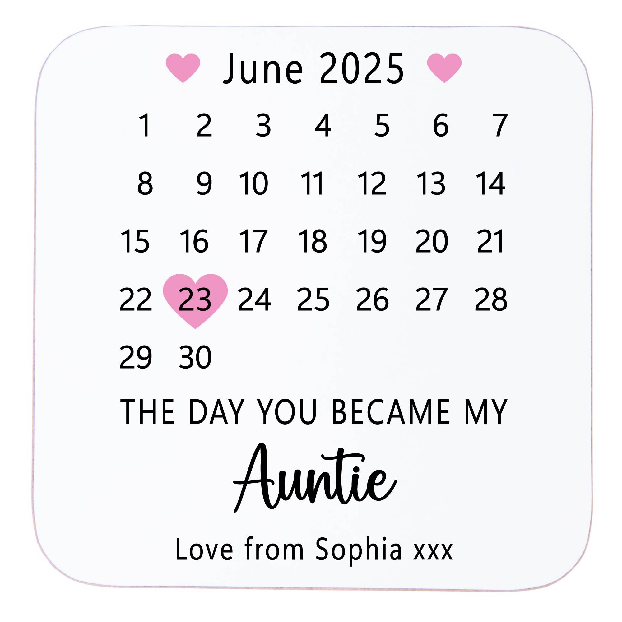Personalised Wooden Coaster Gift | The Day You Became My Auntie Drinks Mat with Date/Year & Love from Name