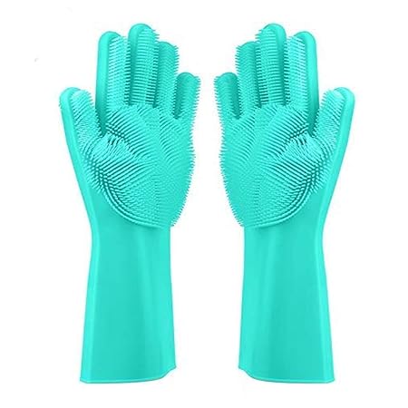 Techcom Infosys Magic Silicone Dish Washing Gloves, Silicon Cleaning Gloves, Silicon Hand Gloves for Kitchen Dishwashing and Pet Grooming, Great for Washing Dish, Car, Bathroom (Green, 1 Pair)