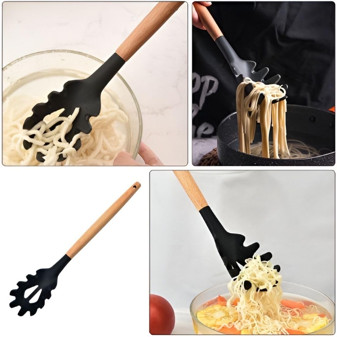 Besillia Silicone Spaghetti Pasta Fork, 31.5cm Noodle Spoon, Pasta Spoon with Wooden Handle, Spaghetti Server for Cooking, BPA-Free (Pack of 2, Black) 2