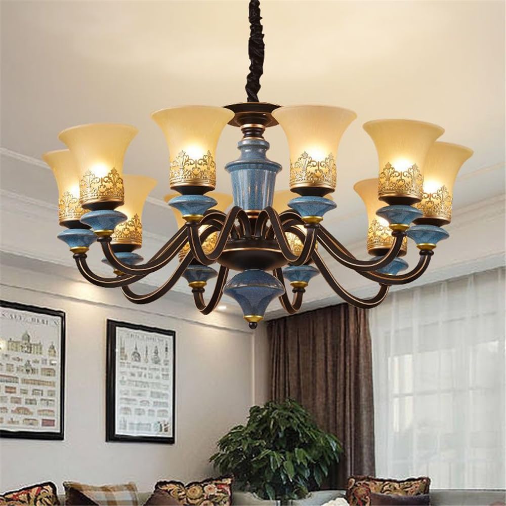 SXECAEPS European Luxury Living Room Chandelier American Retro Ceramic Restaurant Bedroom Study Hotel Villa Cafe LED Pendent Lamp (E 10 hts)