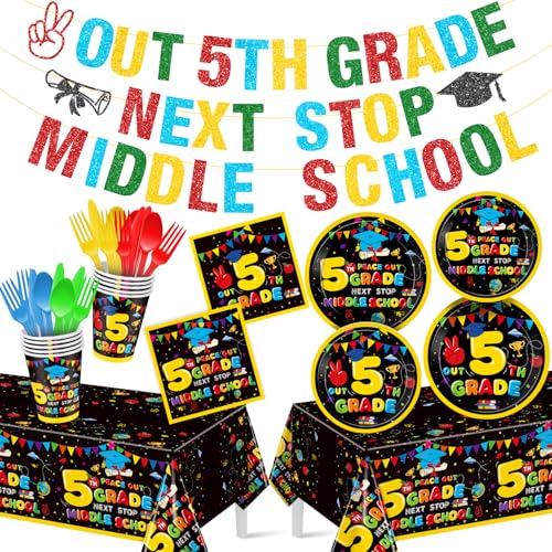 195 Pcs 5th Grade Graduation Decorations Elementary Graduation Tableware Set Includes Peace Out 5th Grade Banner Fifth Grade Next Stop Middle School Plates and Napkins Tablecloth Sets for 24 Guests