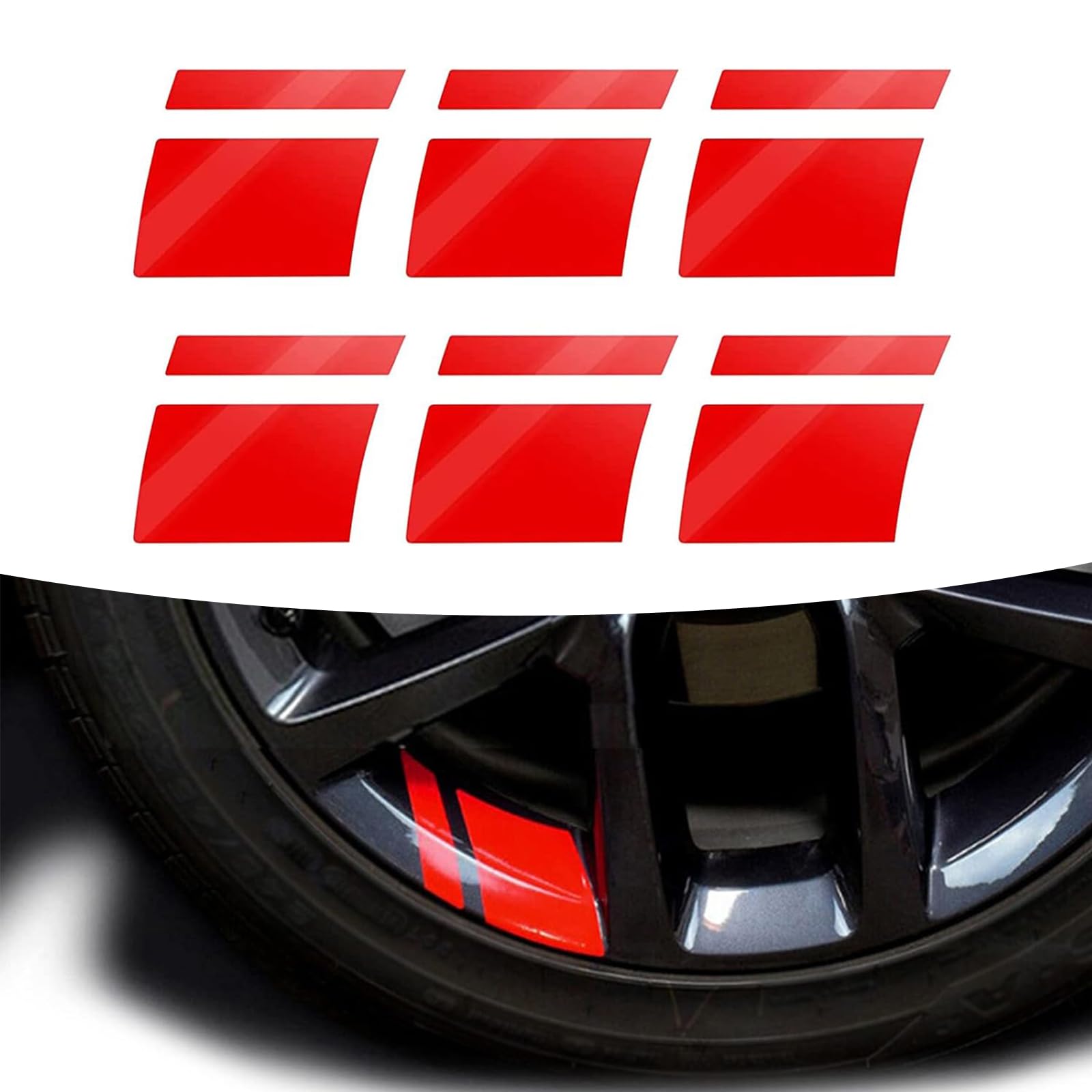 Pack of 6 Car Wheel Rim Stickers for 18-21 Inch Wheels — 3.93In x 2.75In Reflective Vehicle Wheel Stripe Decals Decoration — Universal Waterproof Anti-Theft Automotive Stickers (Red)