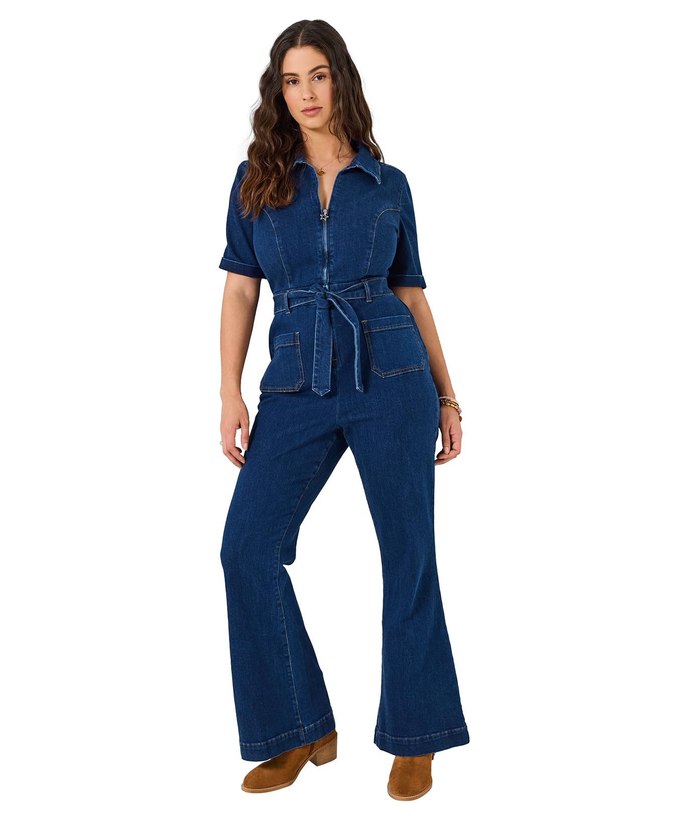 Joe Browns Women's Blue Retro-Inspired Zip Front Bootcut Denim Jumpsuit, Regular, Uk 18