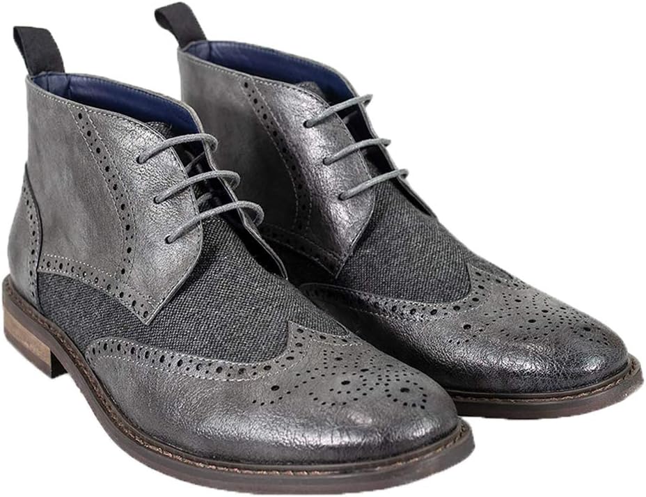 House Of CavaniMen's Curtis Shoes Contrast Tweed Vintage PU Leather Lace Up Ankle Boots, Grey, 9 UK