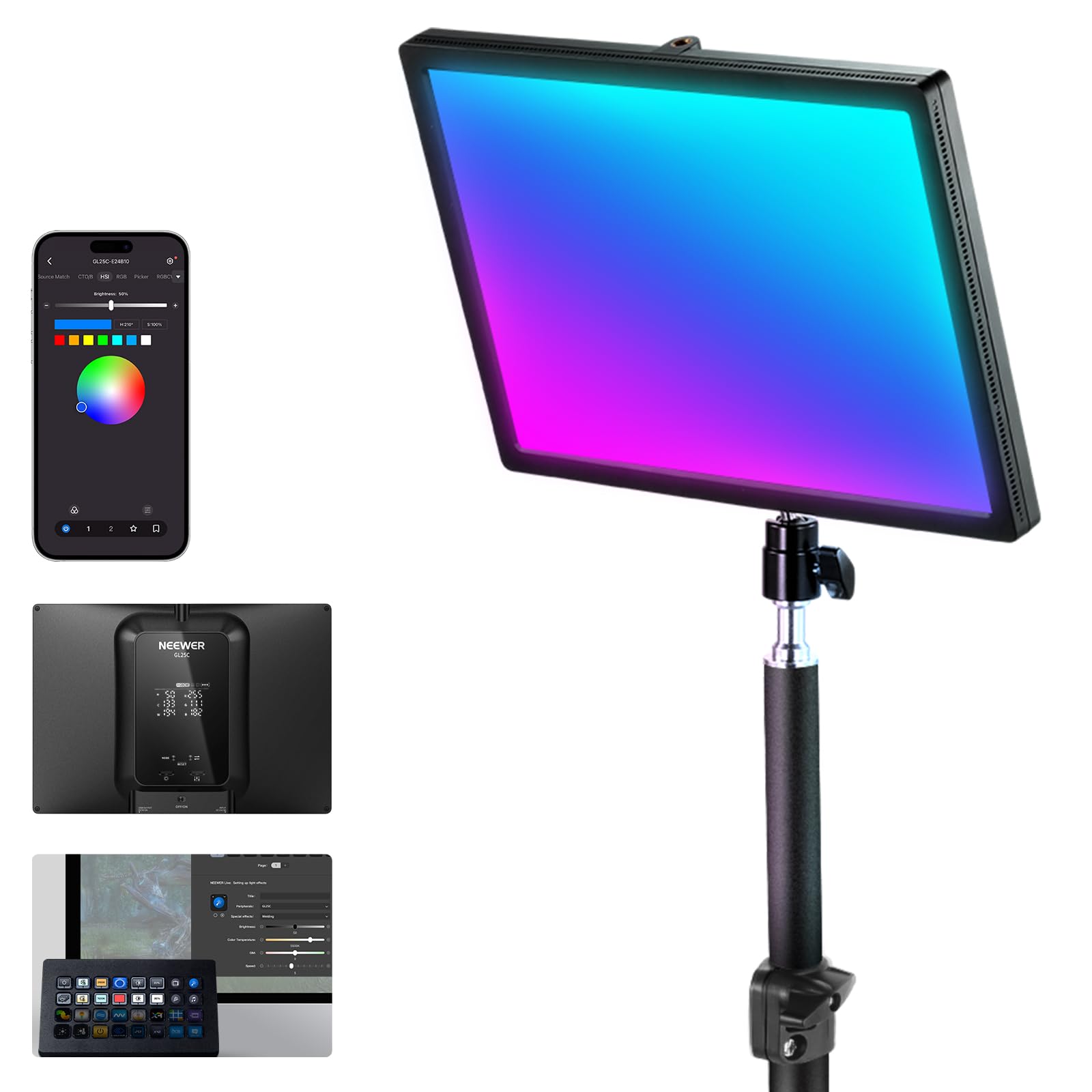 NEEWER GL25C LED RGB Streaming Key Light, APP/PC Control 25W 2500Lux/0.5m 2900K-7000K CRI95+/TLCI97+ Full RGB Dimmable Edge Emitting Silent Webcam