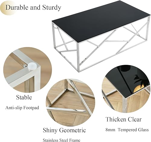 Miniatura 3 de WOKER FURNITURE Mesa de centro de cristal negro con marco de acero inoxidable plateado, mesa de centro rectangular moderna con vidrio templado negro
