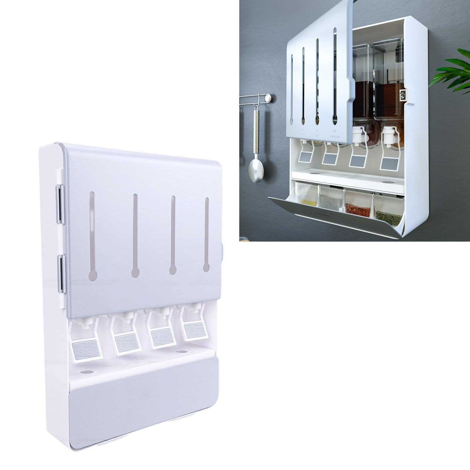 Ejoyous Estante para Especias, Estante para Condimentos de ABS Montado en la Pared con 4 Frascos de Vidrio, 11,8 X 16,5 Pulgadas, Dispensador de Aceite, Vinagre, de Soja, Organizador de Cocina