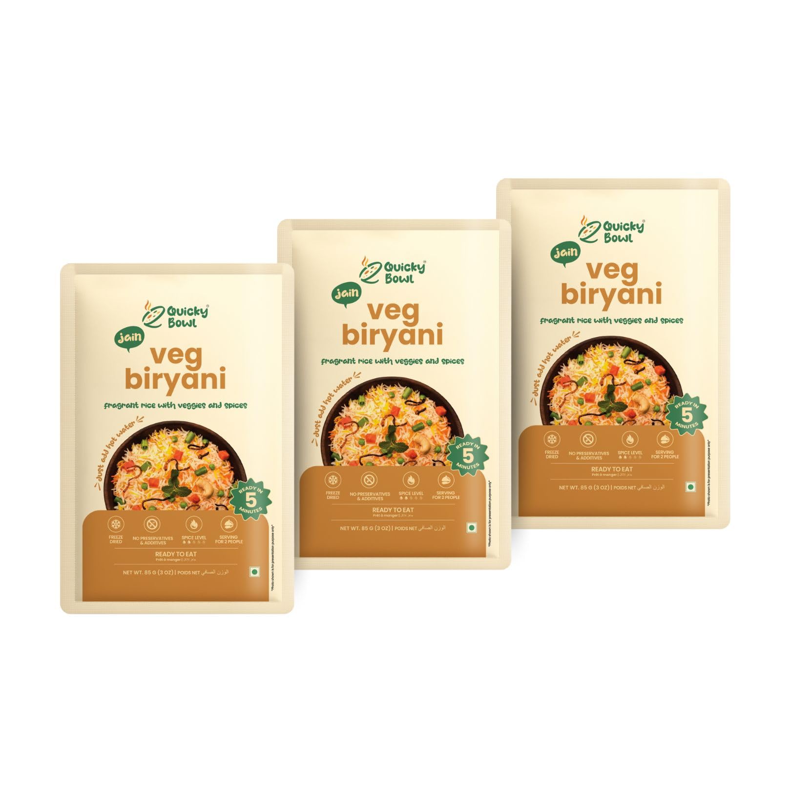 Quicky Bowl Jain Veg Biryani|Ready To Eat|No Onion No Garlic|Instant Food(Pack Of 3)