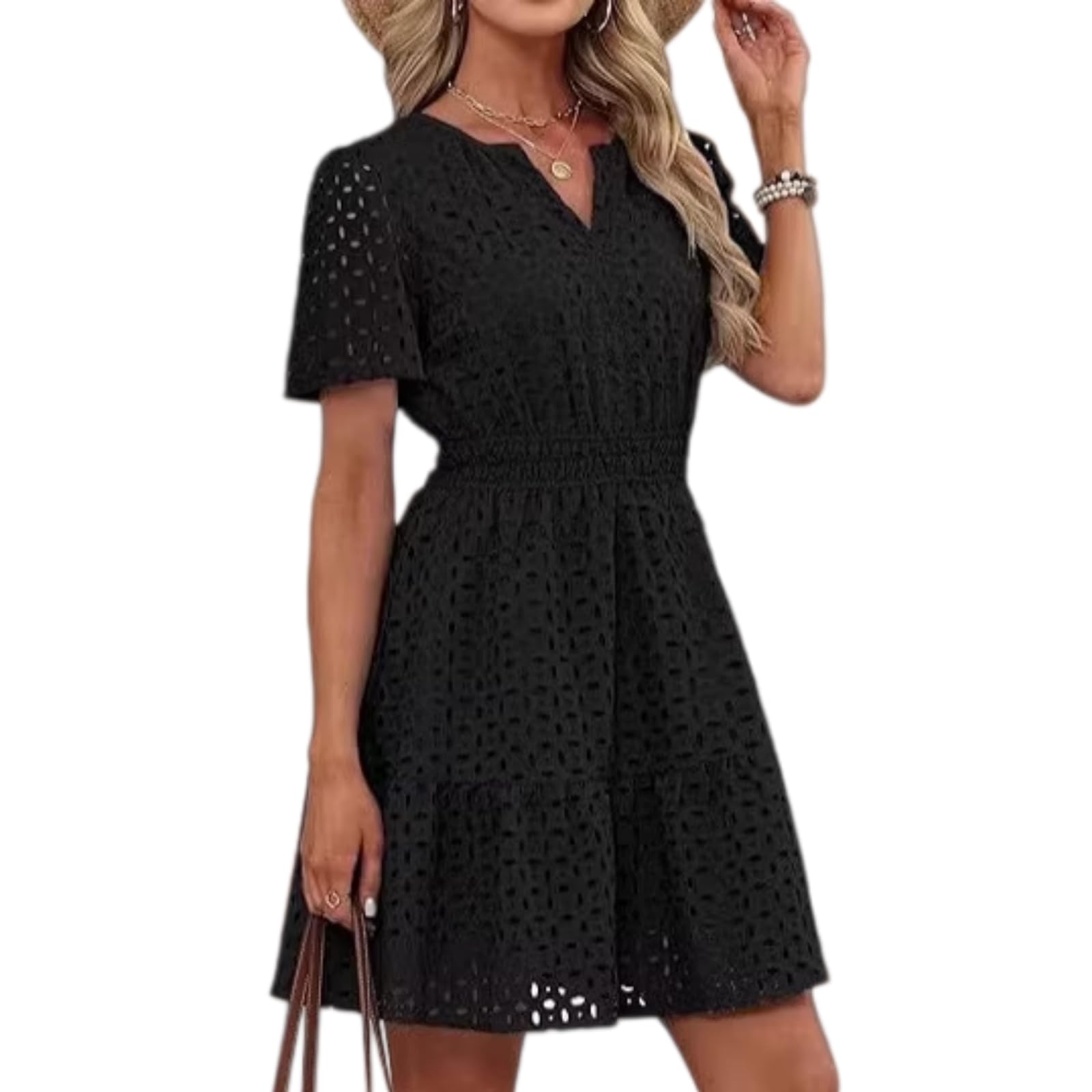 Vestido Corto con Escote en V, inserción de Encaje, Volantes y Mangas Cortas, Corte en línea Verano, la Playa y Las Fiestas.