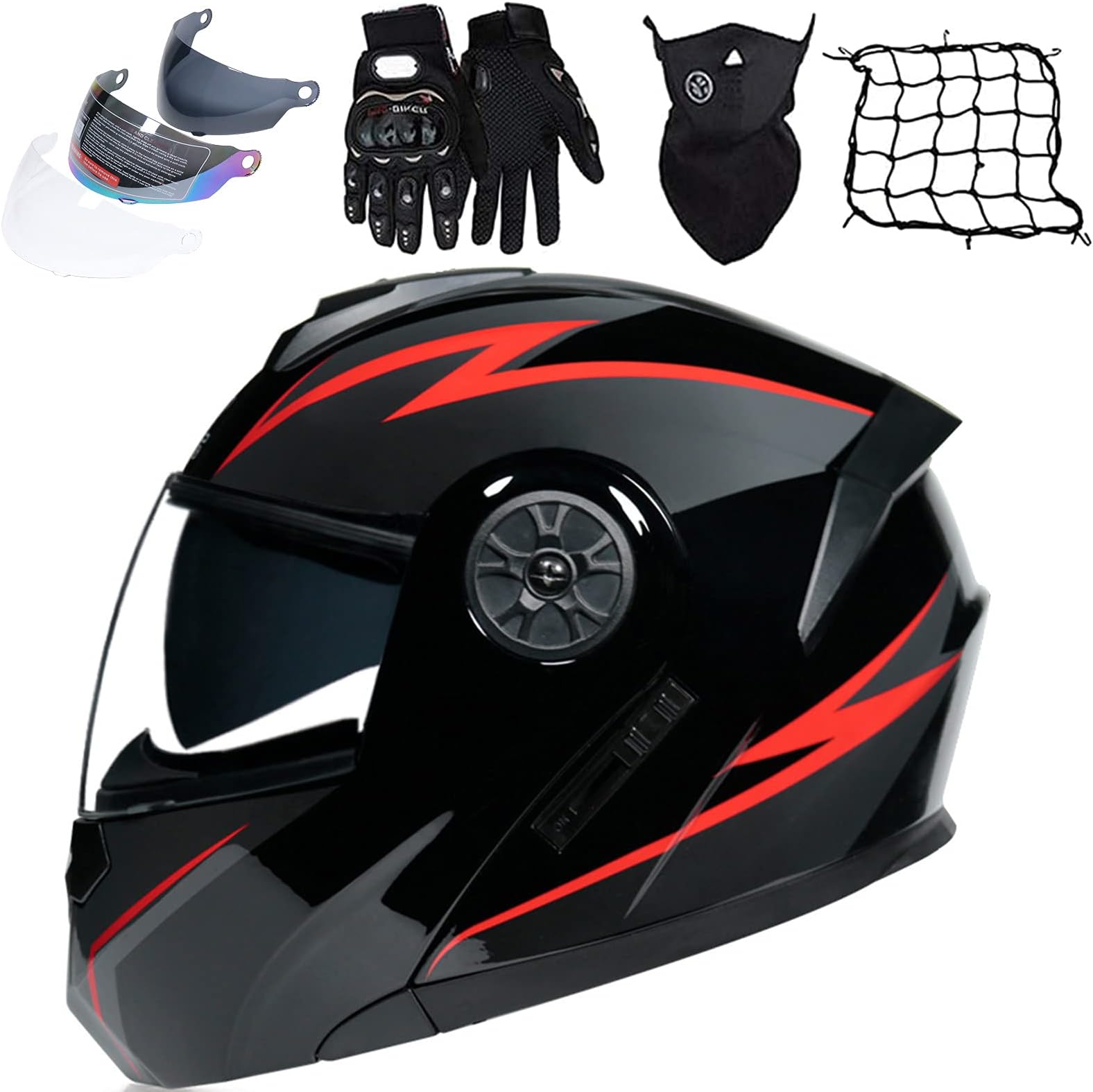 Motorcycle Helmets DOT/ECE Approved Modular Flip up Front Motorbike Helmet Sets (4 pieces) with Sun Visor, Full Face Racing Crash Helmet for Adult Men Women - Black Red,M