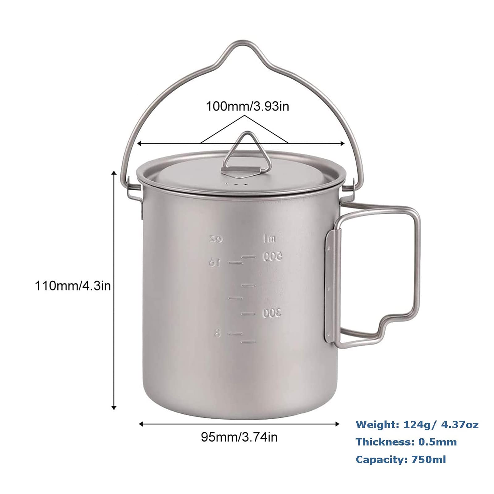 Tazza in titanio da 750 ml con coperchio, manico pieghevole, portatile, leggera, per campeggio all'aperto e picnic (vaso da 750 ml con manico)