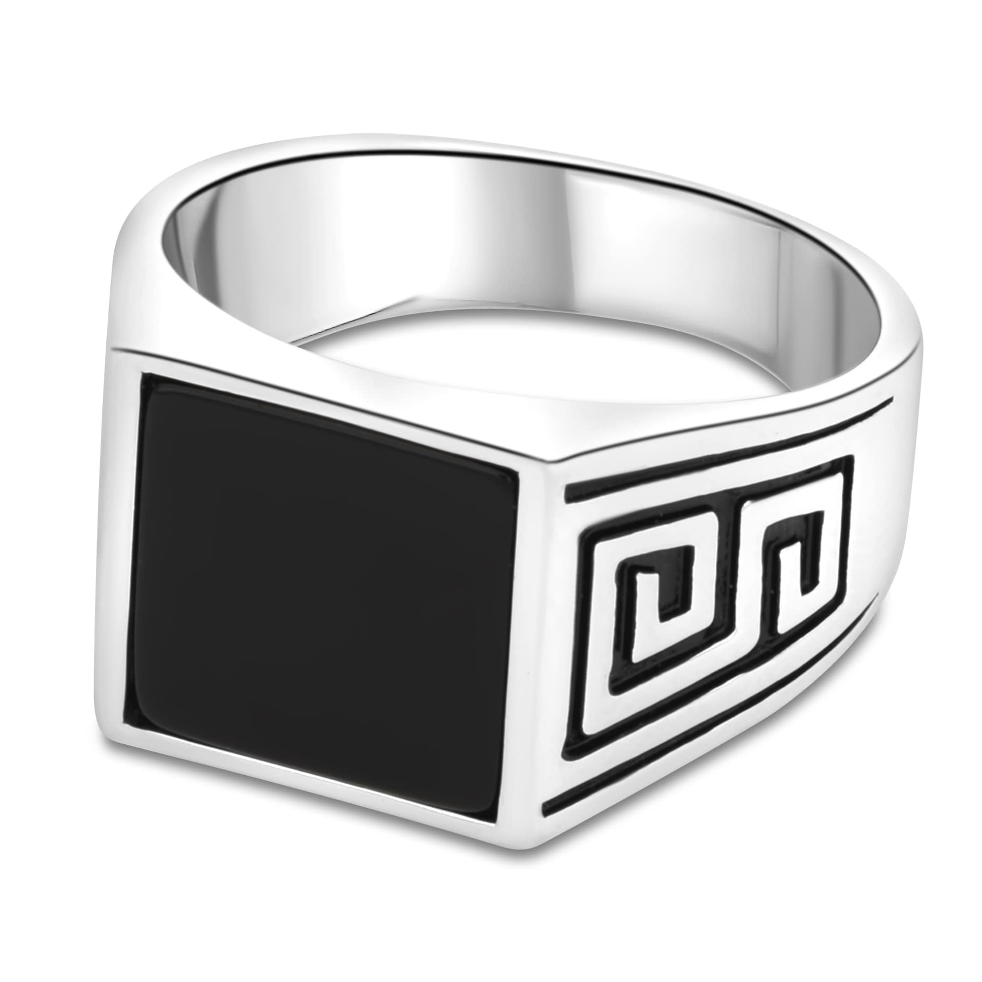 Siegelring Onyx Stein Schwarz mit griechischem Muster 925 Silber Rhodiniert Anlaufgeschützt für Herren
