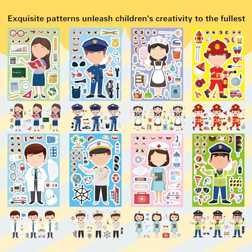 Image of Educational Stickers, Make Your Own Occupation Post Stickers for Boys Girls | Make Your Own Stickers with 8 Designs of Firefighter Doctor Policeman Teacher Sticker, Birthday Gift Craft Party Favor