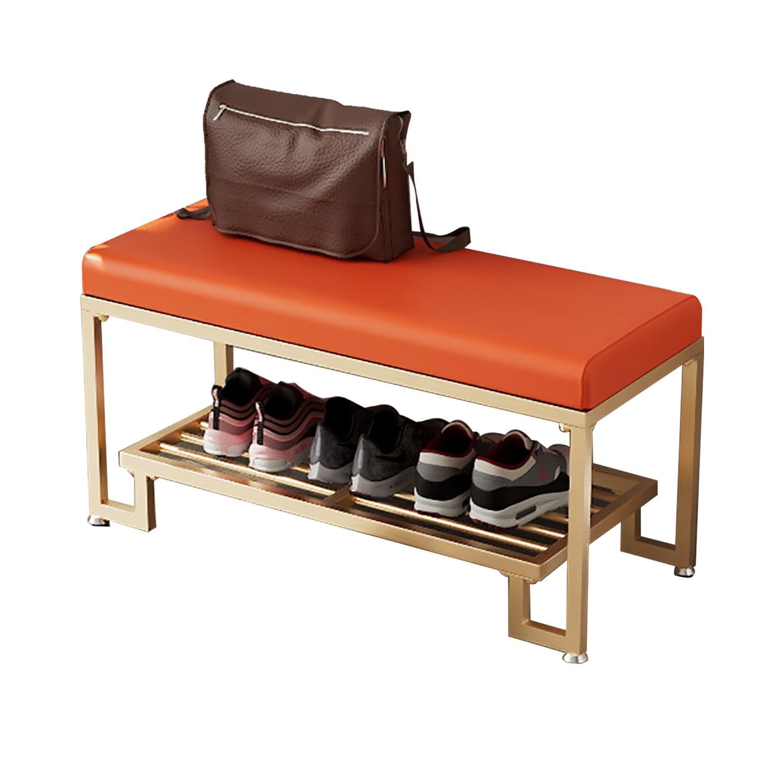 WJFTODAY Entryway Shoe Bench with Cushion Metal Shoe Rack with Storage Upholstered Stool for Living Room Hallway Balcony Stylish Orange Golden Legs 50cm