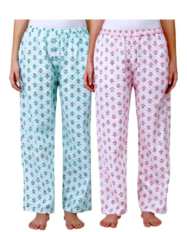 Women’s Cotton Floral Printed Pyjama/Track Pant Combo – Free Size (White Multi) Diwali Festival – Relaxed Fit