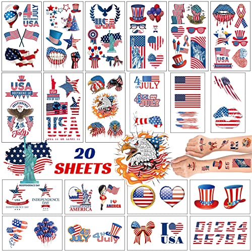 Masper 20 Sheets 4th of July Tattoos, 80 Patriotic Tattoos Temporary, USA Temporary Tattoos, American Flag Red White and Blue Tattoos, USA Face Tattoos