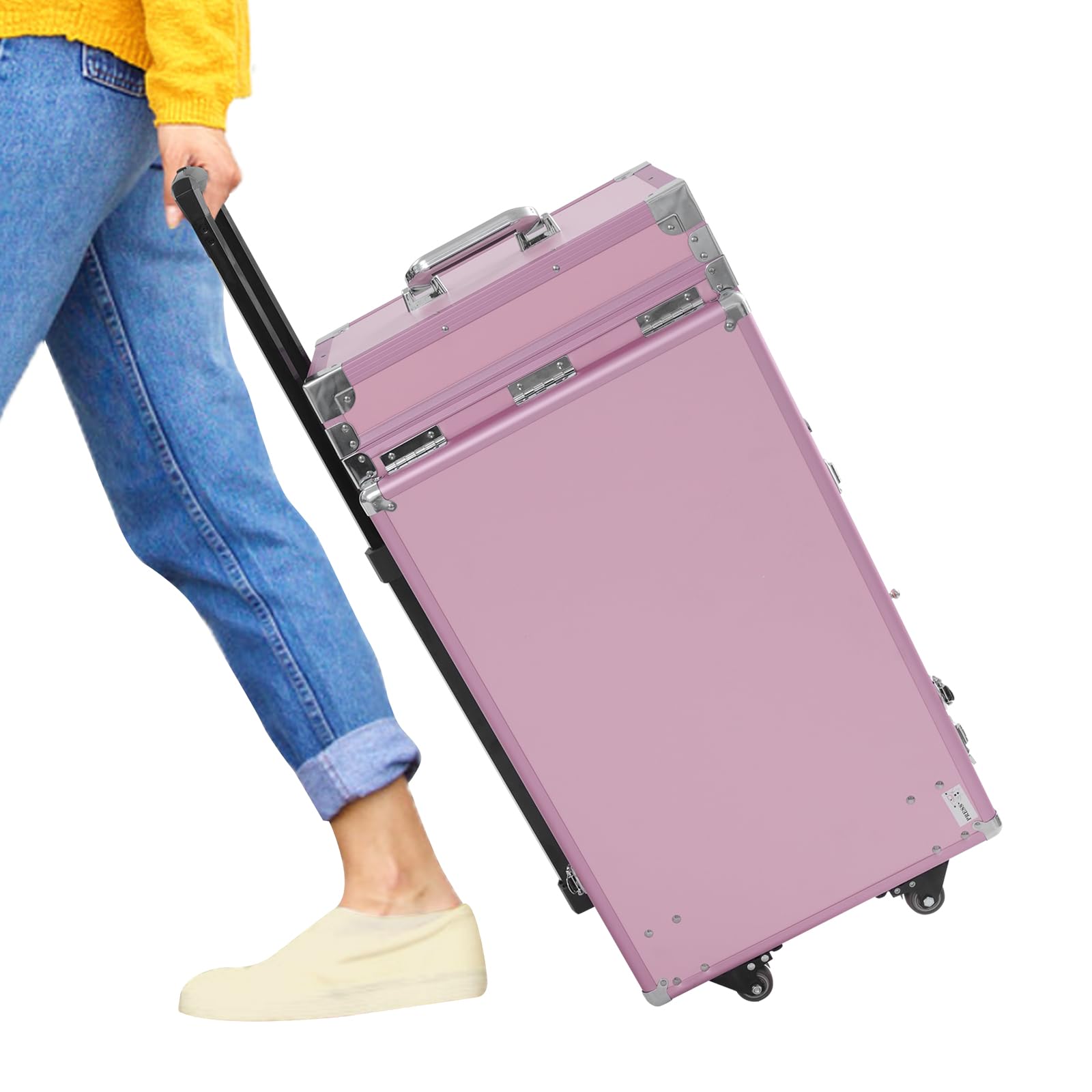 Stół do manicure, stolik do manicure, stół do manicure ze stopu aluminium, składany, mobilny kuferek na kosmetyki z 4 szufladami, przenośny stolik do studia paznokci, do 100 kg (różowy)