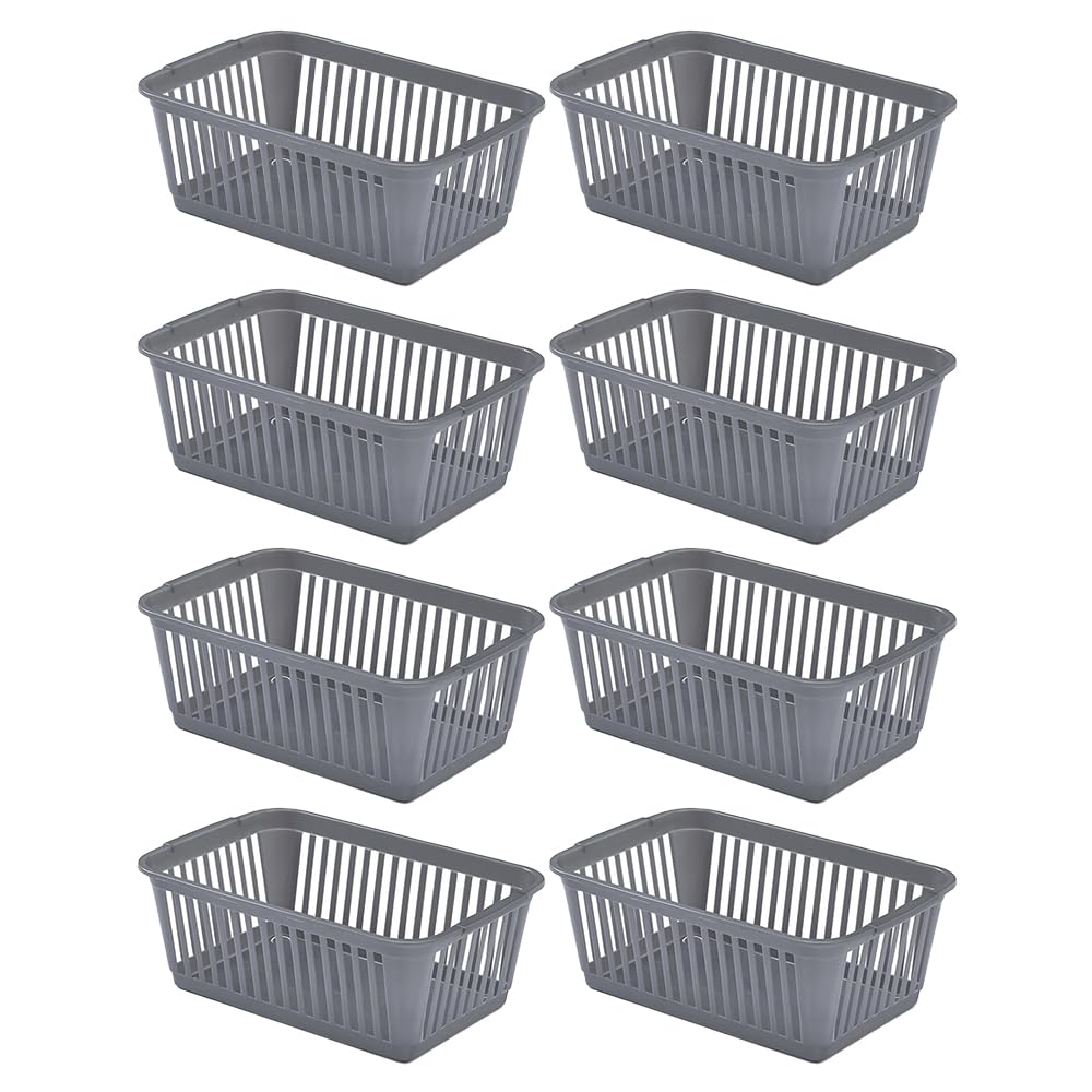 Concept4u 8 x Silver Handy Basket 30cm Plastic Lightweight & Durable Laundry Basket Rectangular Storage Basket Ideal for Bedroom, Kitchen, Office, School Books, Stationery and Toiletries
