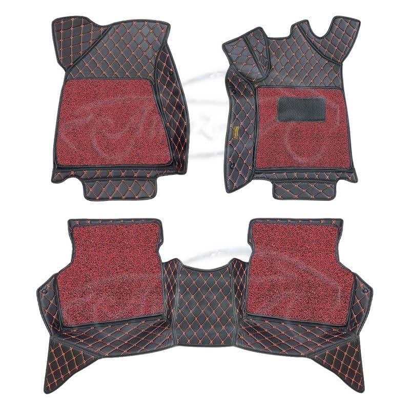 Image of 7D Luxury Car Floor Mat for Skoda Kushaq | 7-Layer Leather, Curly Base, Anti-Skid & Waterproof (Black Red with Red Curly)
