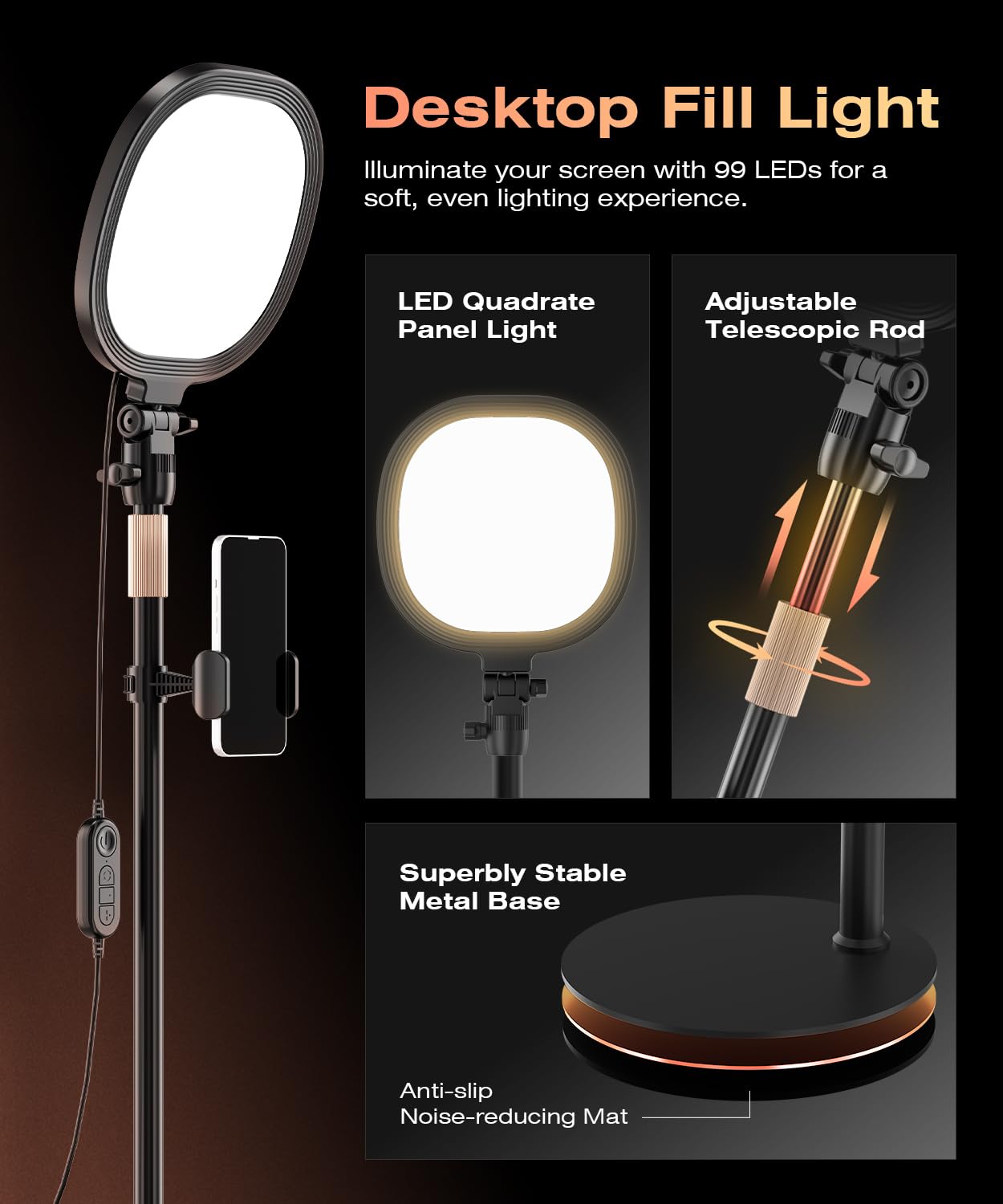 PQRQP Luce ad anello per scrivania, illuminazione morbida per zoom e videochiamate, luce selfie con supporto e supporto per telefono, CRI 97+ luce webcam per registrazione, streaming, casa e ufficio