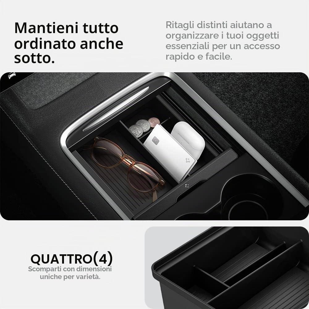 Spigen Tesla Model Y (~2024) e Model 3 (2021-2023) Organizer Console Centrale con Tecnologia di Scivolo Liscio, Vano Portaoggetti per Console Centrale Accessori Tesla - Carbon Edition
